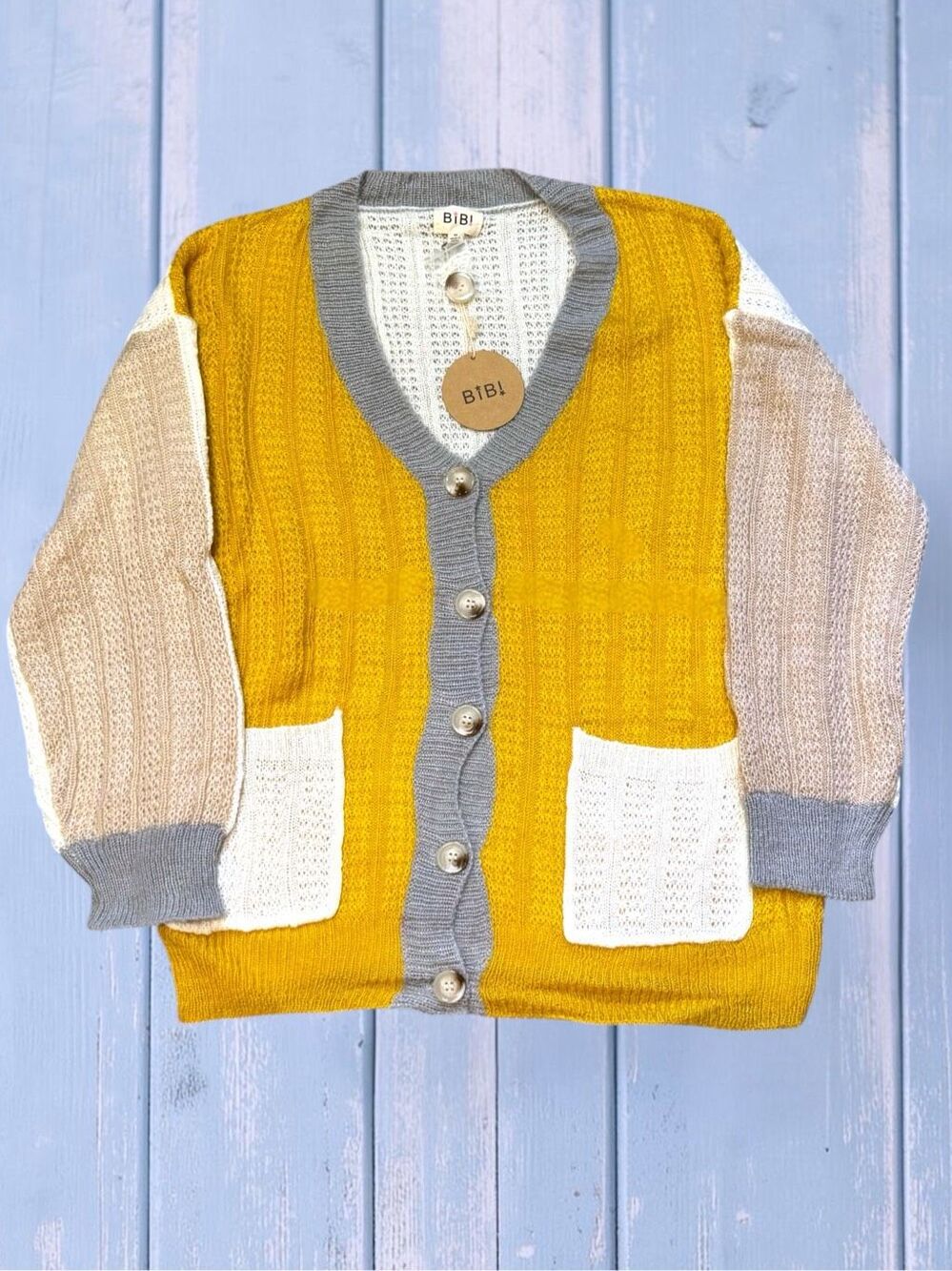 BiBi Mustard Color Block Button Cardigan Sweater | Oversized Cozy Knit | Pockets - Picture 10 of 14